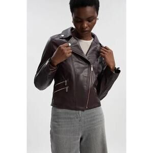 Karen Millen Leather Signature Biker Jacket Burgundy Fig Size 2 NEW NWOT